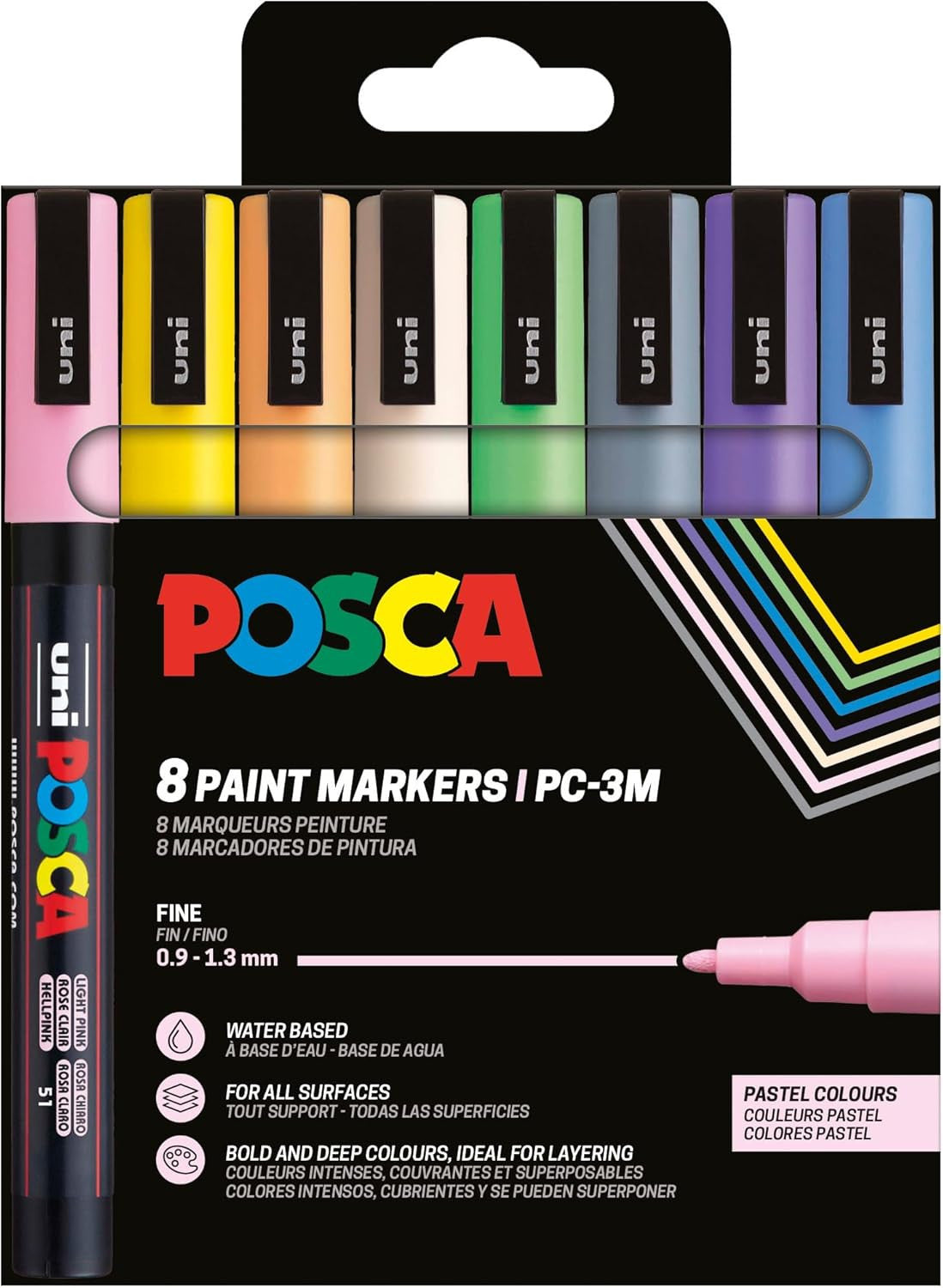 Pochette 8 marqueurs POSCA - PC3M - Couleurs pastel - Pointe fine - 0,9-1,3mm