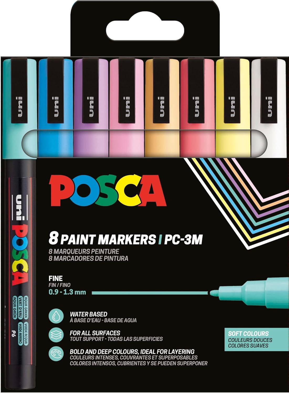 Pochette 8 marqueurs POSCA - PC3M - Couleurs douces - Pointe fine - 0,9-1,3mm