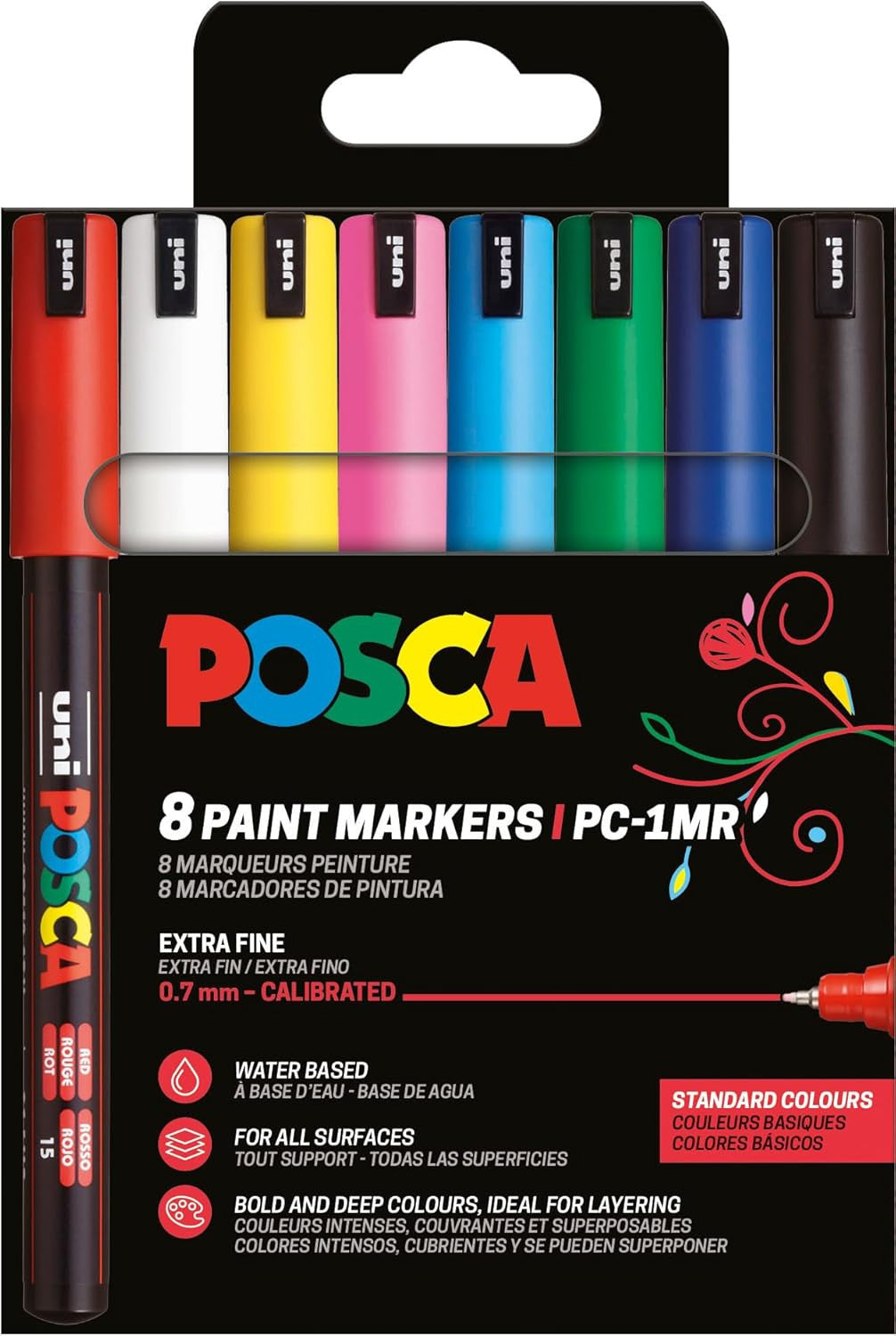 Pochette 8 marqueurs POSCA - PC1MR - Couleurs basiques - Pointe extra fine - 0,7mm