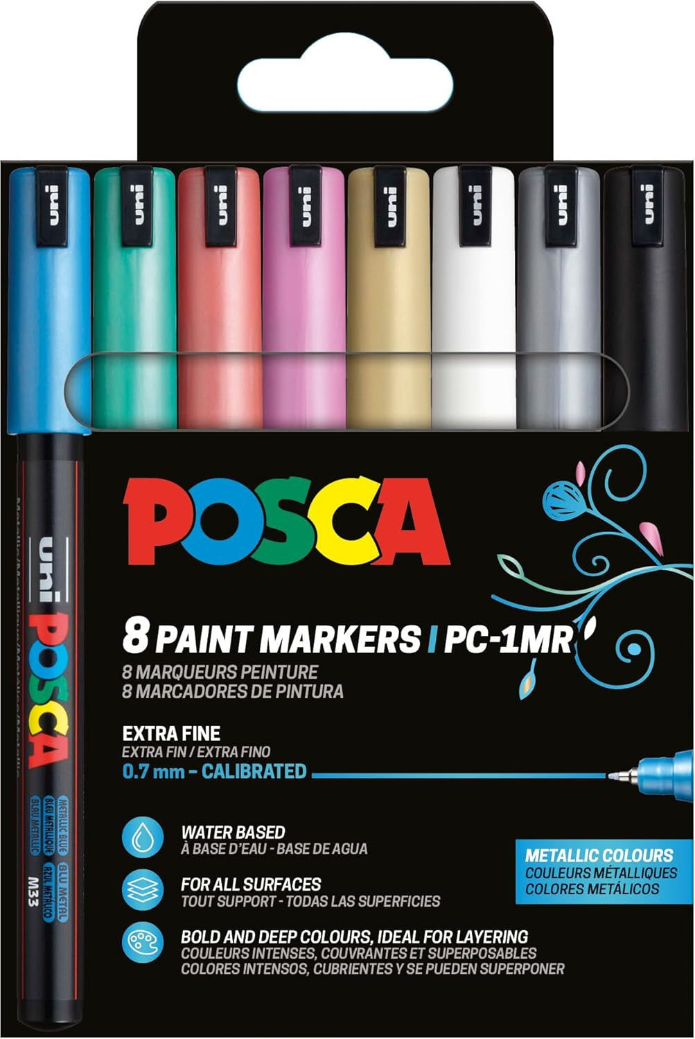 Pochette 8 marqueurs POSCA - PC1MR - Couleurs métalliques - Pointe extra fine - 0,7mm
