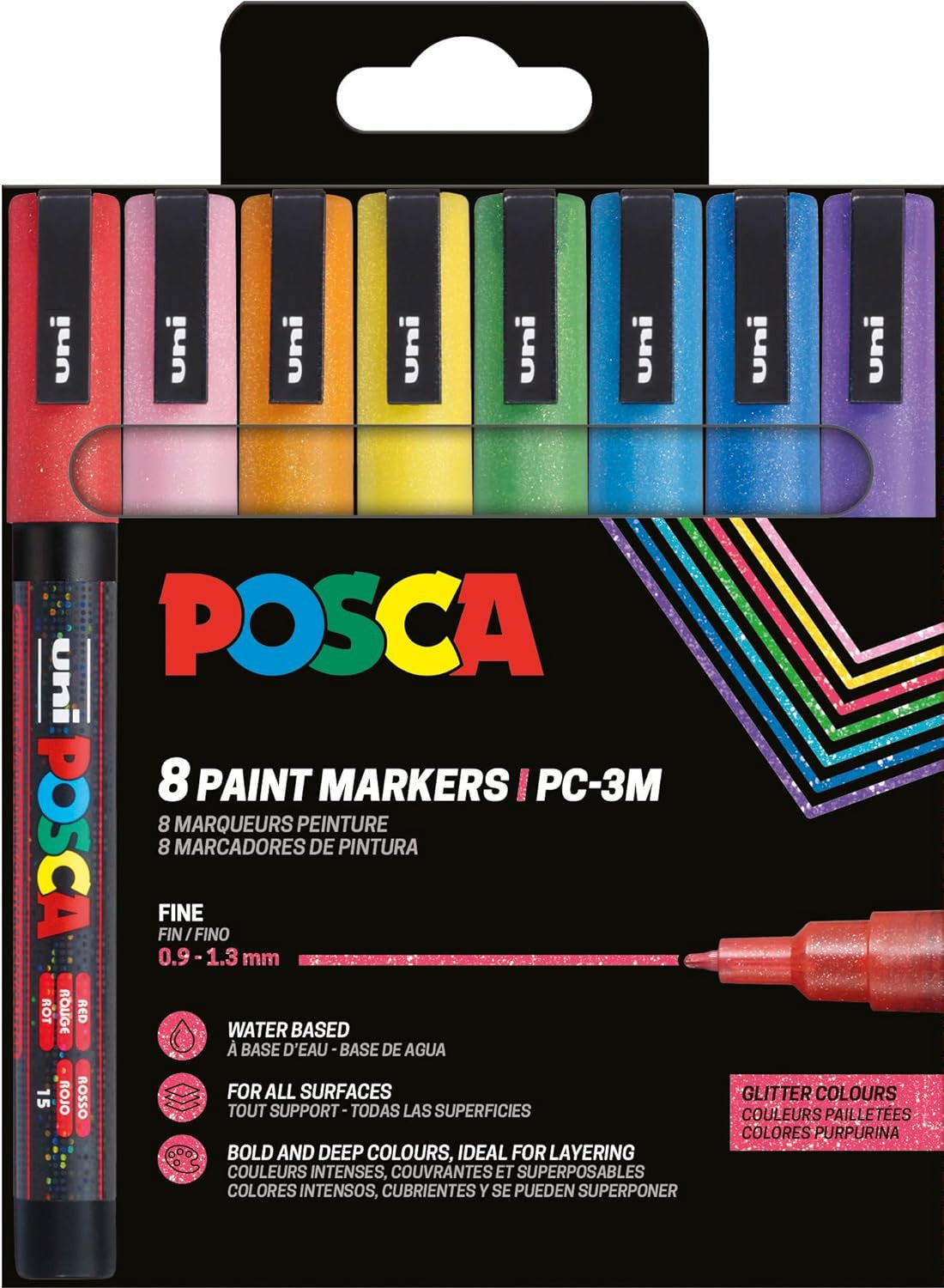 Pochette 8 marqueurs POSCA - PC3M - Couleurs pailletées - Pointe fine - 0,9-1,3mm