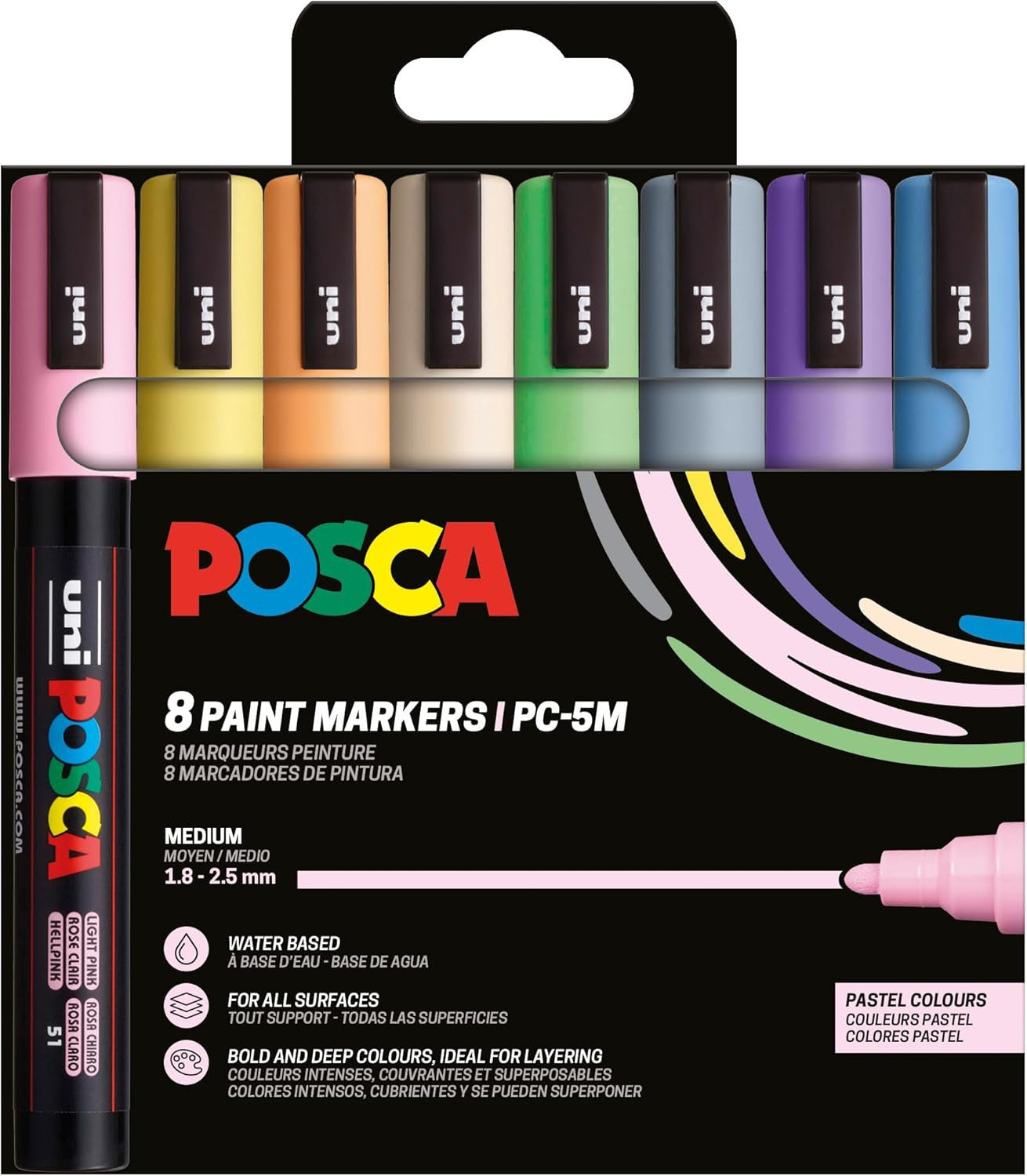 Pochette 8 marqueurs POSCA - PC5M - Couleurs pastel - Pointe moyenne