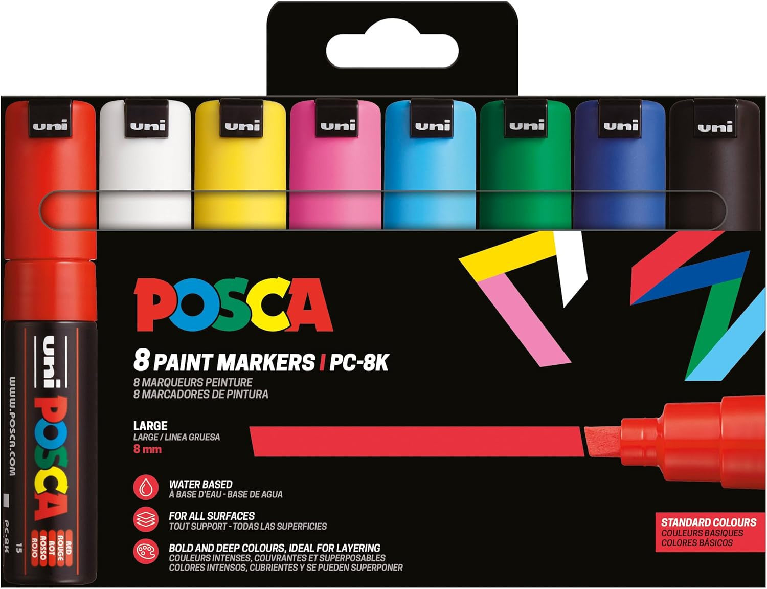 Pochette 8 marqueurs POSCA - PC8K - Couleurs basiques - Pointe large biseautée