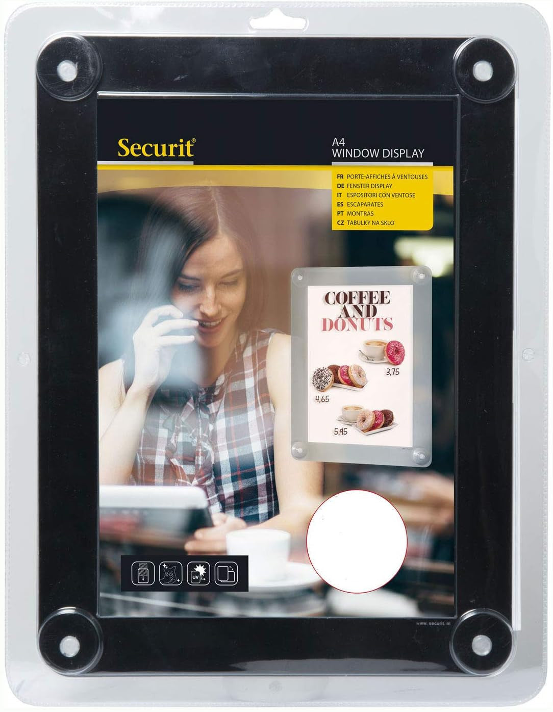 Porte affiche - A4 - Pour vitrine - 36 x 27 cm - 2 faces visibles - 4 ventouses - Securit