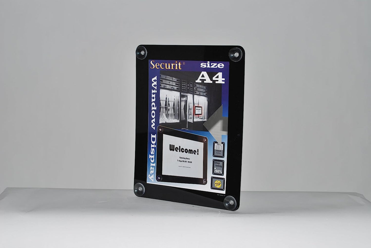 Porte affiche - A4 - Pour vitrine - 36 x 27 cm - 2 faces visibles - 4 ventouses - Securit