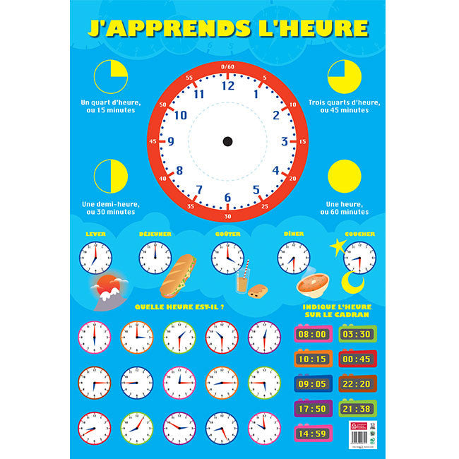 Poster pédagogique - J'apprends l'heure - 52x76cm - A afficher - Bouchut