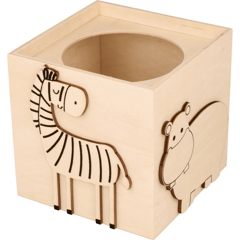 Pot à crayons - Animaux de la jungle - Bois - 10x10cm - A personnaliser