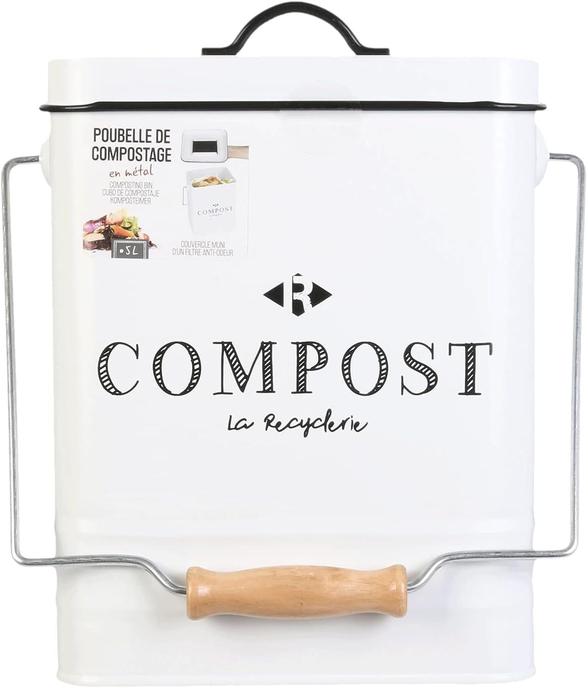 Petite poubelle de cuisine - Composte - 5L - Métal - Couvercle et poignée
