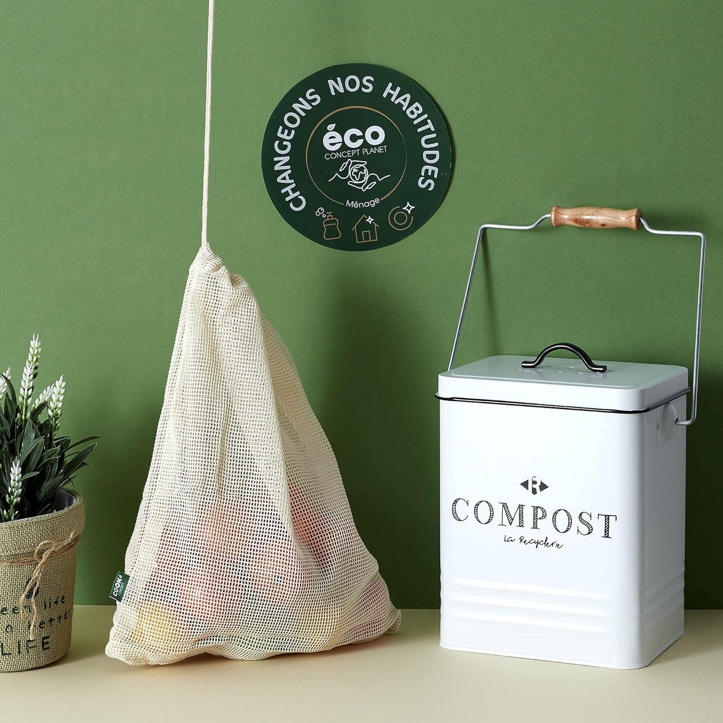 Petite poubelle de cuisine - Composte - 5L - Métal - Couvercle et poignée
