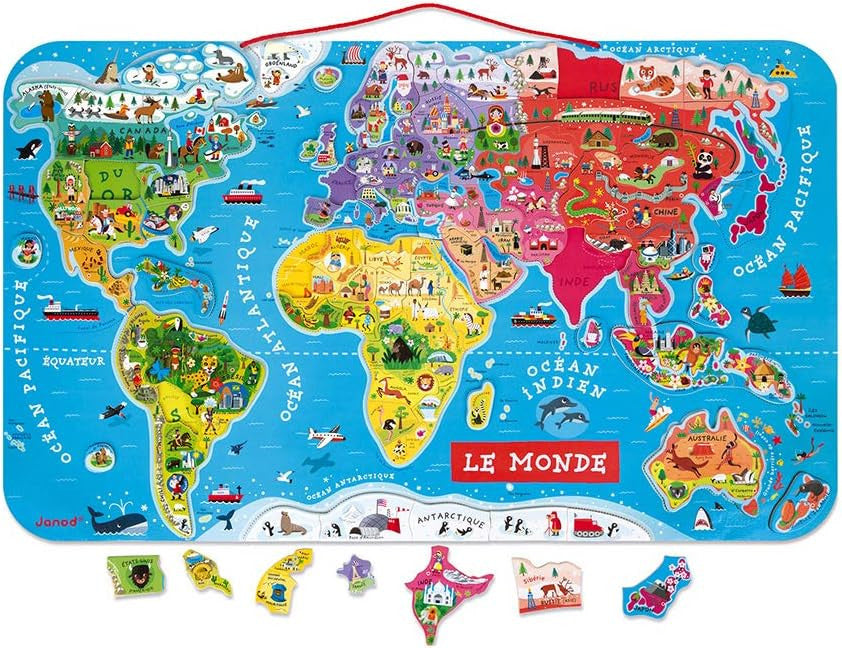 Puzzle - Carte du monde - 92 pièces magnétiques - 70x43cm - Dès 7 ans - Janod