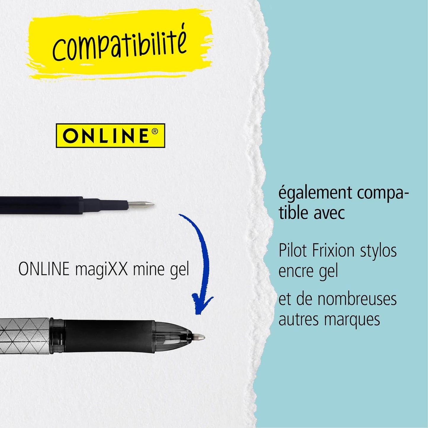 Recharges pour stylo roller - Encre gel - Turquoise - Effaçable - 0,7mm - Online