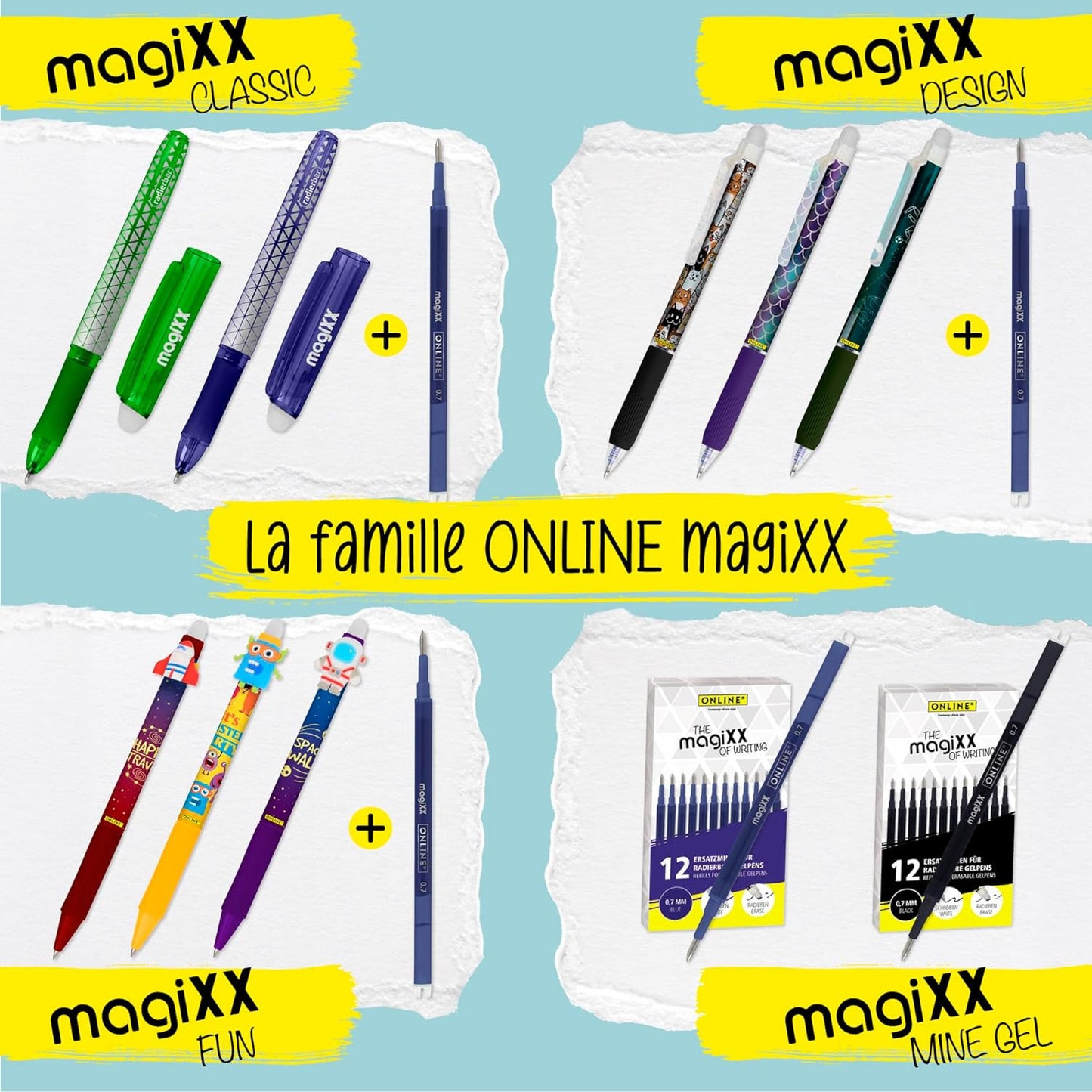 Recharges pour stylo roller - Encre gel - Turquoise - Effaçable - 0,7mm - Online