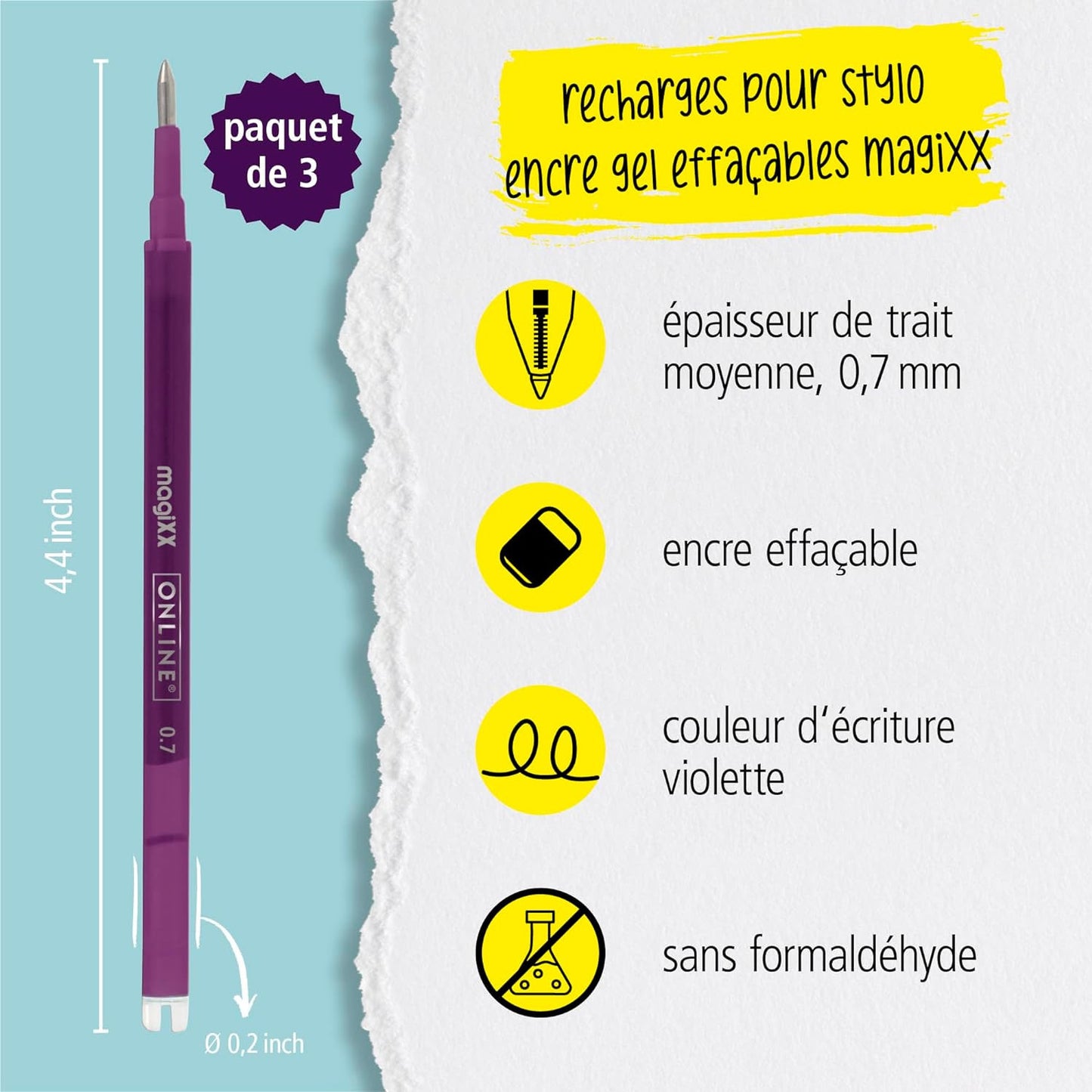 Recharges pour stylo roller - Encre gel - Violet lilas - Effaçable - 0,7mm - Online