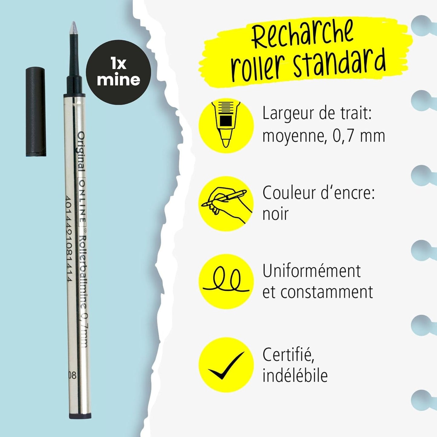 Recharge pour stylo roller - Noir - Trait moyen 0,7mm - Standard - Online