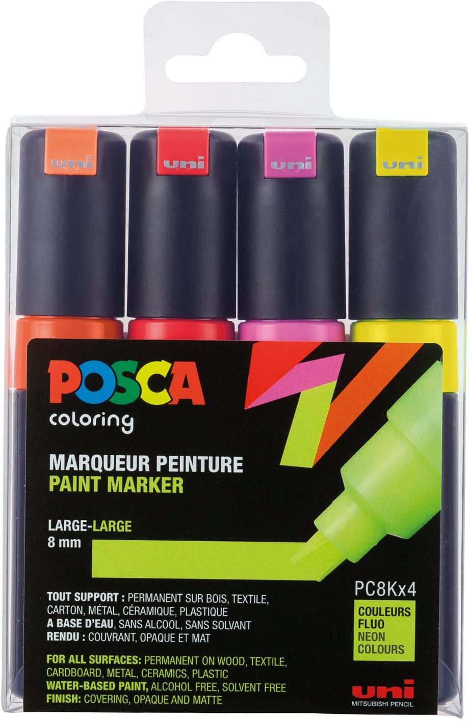 Pochette de 4 marqueurs Posca PC-8K | pointe large biseautée