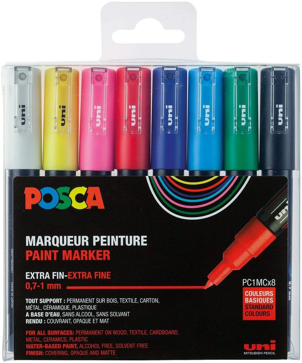 Pochette de 8 marqueurs Posca PC-1MC | pointe extra-fine conique