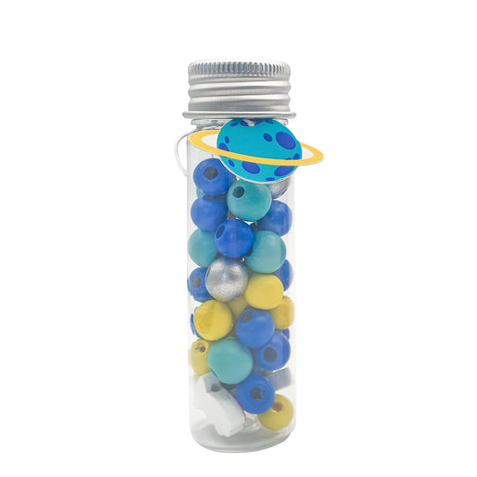 Perles en bois - Tons bleu, jaune et argent + fil transparent - Tube de 15g