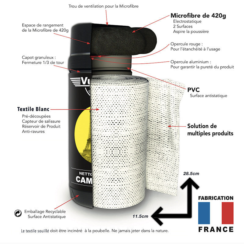 Vulcanet - Nettoyage auto/moto - Lavage sans eau - Lingettes + chiffon - Intérieur/extérieur