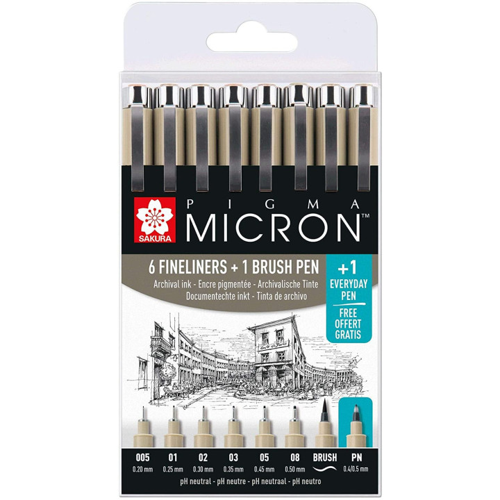 Etui De 6 Feutres Pigma Micron Noir + 1 Feutre Brush Sakura