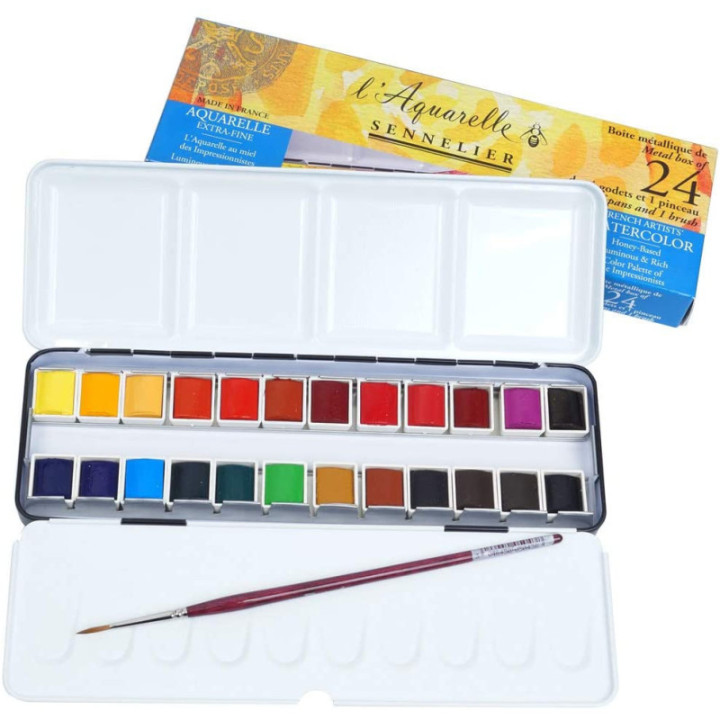 Boîte En Métal De 24 1/2 Godets - Peinture Aquarelle Extra-Fine - Sennelier
