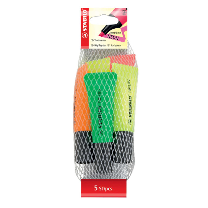 Filet de 5 surligneurs STABILO NEON - assortiment fluo