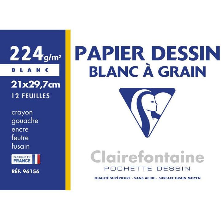 Papier dessin - A4 - 224g - Blanc à grain - Sans acide - 12 feuilles - Clairefontaine