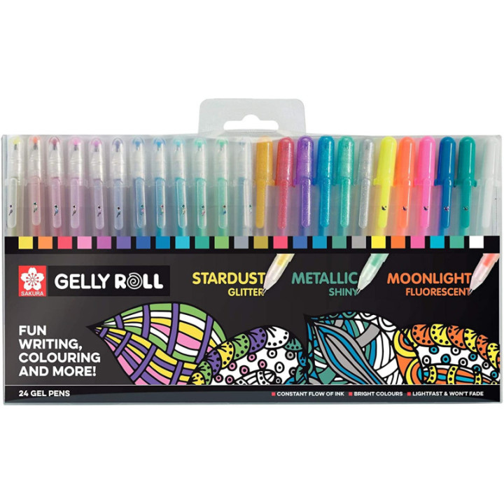 24 stylos - Encre gel métallisé et fluo - Sakura Gelly Roll - Couleurs clair de lune