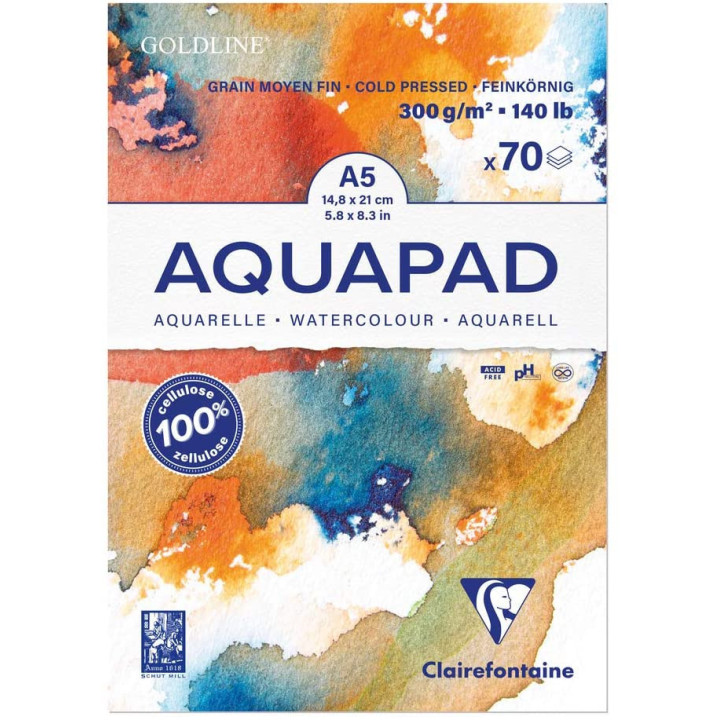 Bloc - Aquarelle - A5 - Grain moyen fin - 70 feuilles - 300g - Clairefontaine - Aquapad
