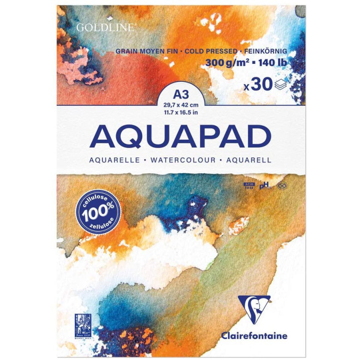 Bloc - Aquarelle - A3 - Grain moyen fin - 30 feuilles - 300g - Clairefontaine - Aquapad