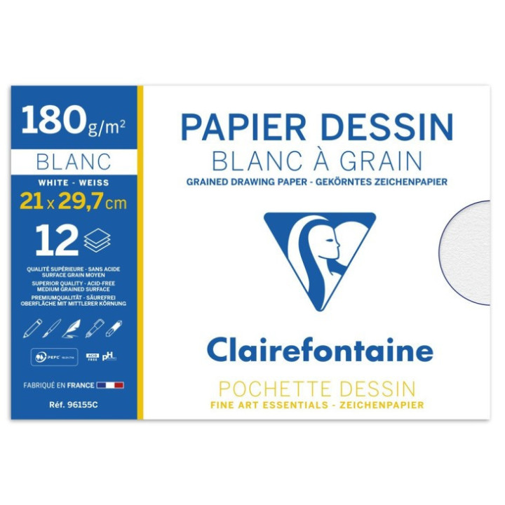 Papier dessin - A4 - 180g - Blanc à grain - Sans acide - 12 feuilles - Clairefontaine