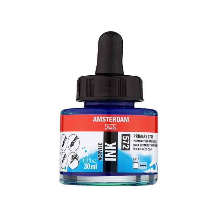 Encre - Acrylique - Cyan primaire - 572 - Amsterdam - Flacon 30ml - Beaux-arts