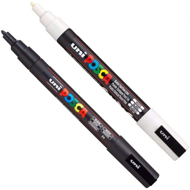 Lot de 2 marqueurs Posca PC-3M noir et blanc | pointe fine conique