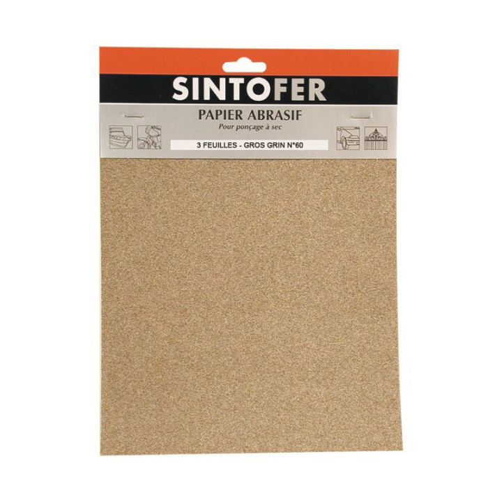 Lot de 3 feuilles abrasives ponçage à sec grain n°60 SINTO