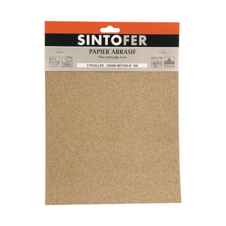 Lot de 3 feuilles abrasives ponçage à sec grain n°100 SINTO