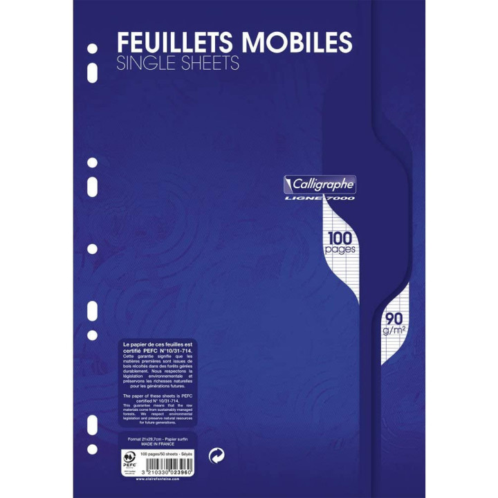 Feuilles simples - A4 - Grands carreaux - Perforées - 100 feuilles - Clairefontaine