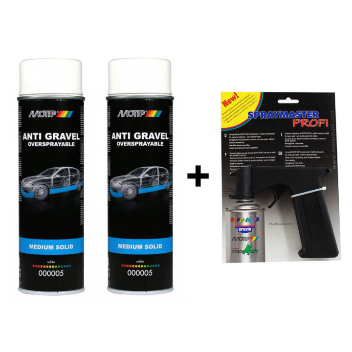 2 Bombes de peinture anti gravillons blanc Motip avec pistolet pour bombe aérosol