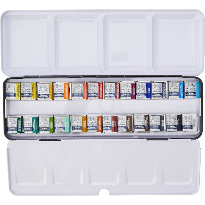 Boîte métal aquarelle fine Cotman Winsor et Newton 24 demi-godets