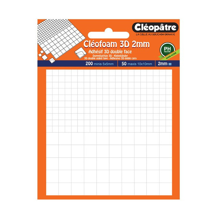 Carrés mousse adhésif 3D double face Cléofoam Cléopâtre 2mm d'épaisseur