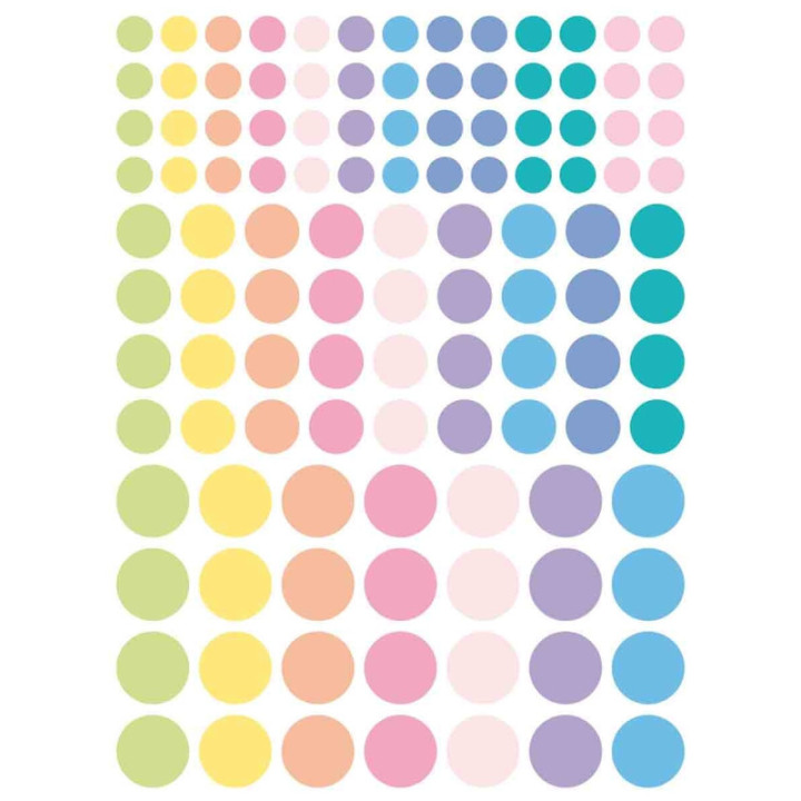 Gommettes rondes assortiment couleurs pastel et tailles 3 planches 348 pièces