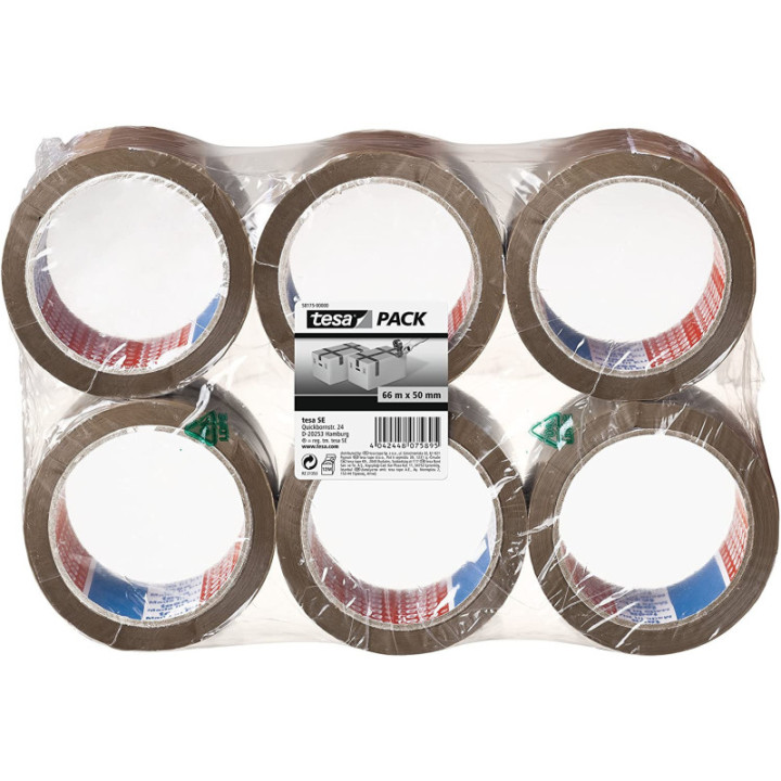 Lot 6 rouleaux adhésif emballage havane 66m x 50mm Tesa Pack