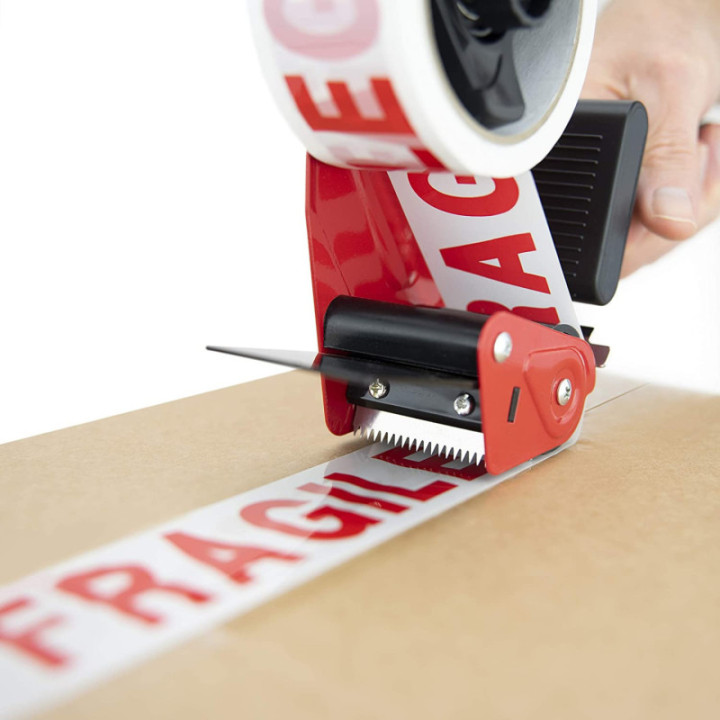 Pack 2 rubans emballage Tesa fragile 66m x 50mm + 1 dévidoir + 1 cutter