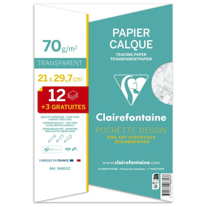 Papier calque - A4 - 15 feuilles - 70g - 15 feuilles - Transparent - Clairefontaine