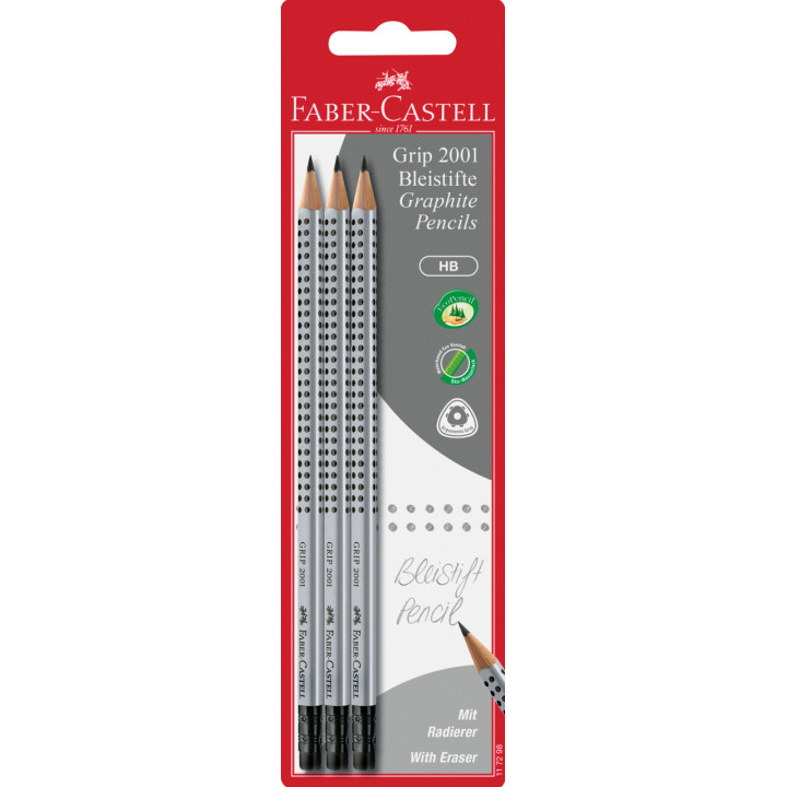 Etui de 3 crayons graphite HB Grip 2001 avec embout gomme Faber-Castell