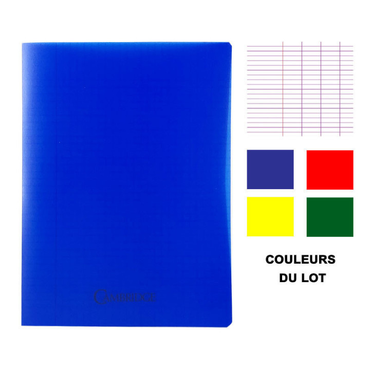 Lot de 4 cahiers - 24x32(cm) - Grands carreaux - 96 pages - couverture en polypro bleu,jaune,rouge,vert - sans spirale - Hamelin