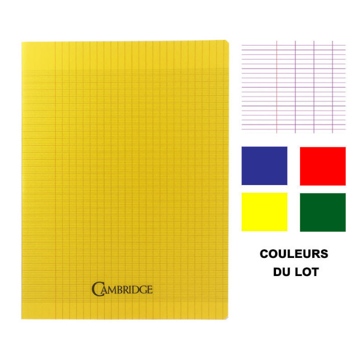 Lot de 4 cahiers - 24x32(cm) - Grands carreaux - 96 pages - couverture en polypro bleu,jaune,rouge,vert - sans spirale - Hamelin