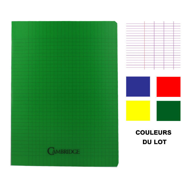 Lot de 4 cahiers - 24x32(cm) - Grands carreaux - 96 pages - couverture en polypro bleu,jaune,rouge,vert - sans spirale - Hamelin