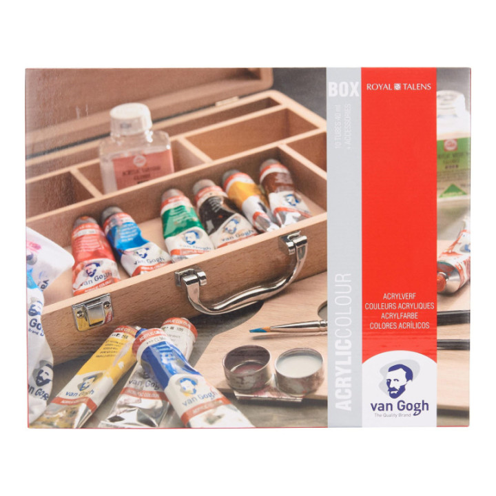 Peinture acrylique - Coffret bois - 10 tubes 40ml + pinceaux + accessoires - Van Gogh