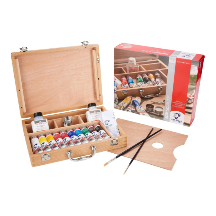 Peinture acrylique - Coffret bois - 10 tubes 40ml + pinceaux + accessoires - Van Gogh