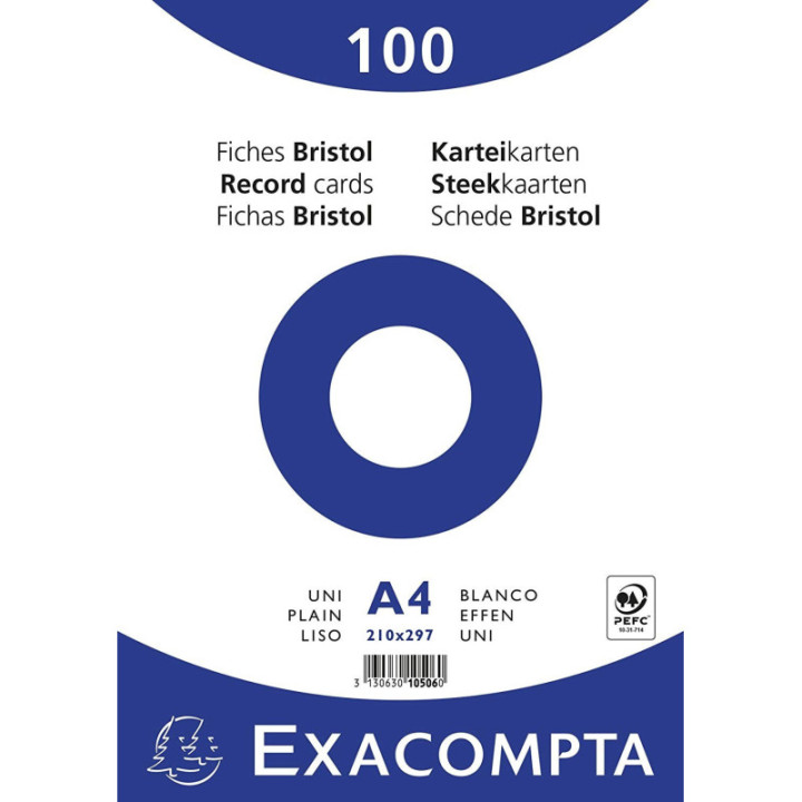 Fiches bristol - A4 - Blanc - Unie - Non perforées - Lot de 100 - Papier épais - Exacompta
