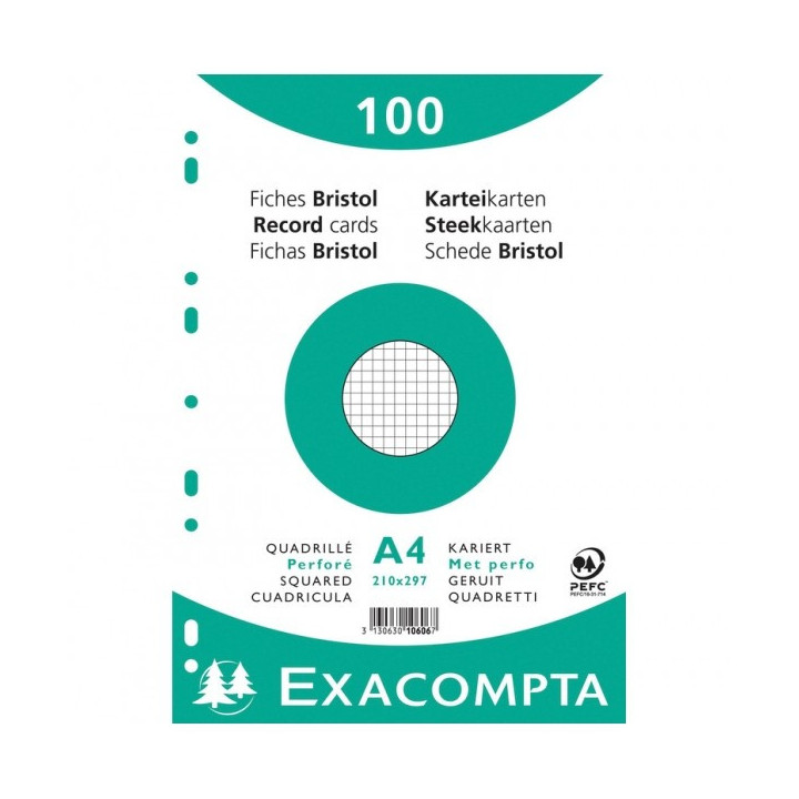 Fiches bristol - A4 - Petits carreaux - Perforées - Blanc - Lot de 100 - Exacompta